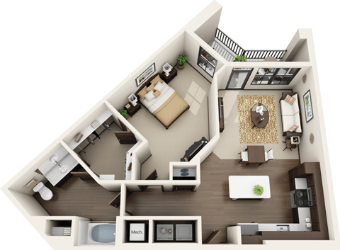 Floor plan for 1 bed, 1 bath, 854 sqft